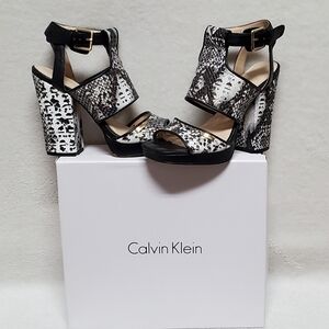 CALVIN Klein Vallin Black White Snakeskin Laser Strap Platform Block Heel Sandal